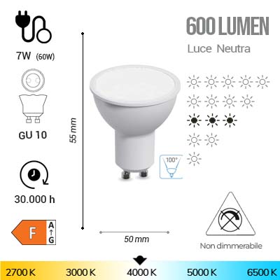 LAMPADA DICROICA LED 7W GU10 4000K 600 LM FINITURA BIANCA DAYLIGHT