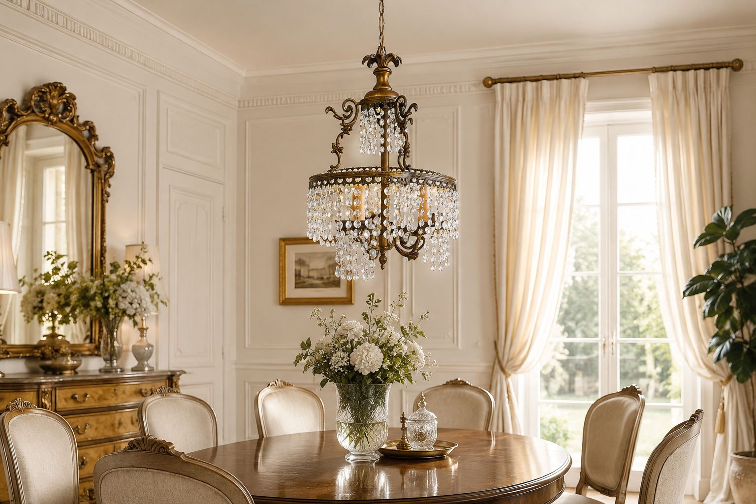 ambiente con lampadario chandelier antico in ottone con cristalli pendenti a cascata.